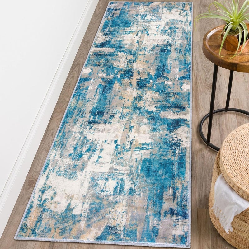 KOZYFLY Modern Abstract Runner 5x15cm Turquoise Beige Grey Yellow Runner Hallway Kitchen Rug Non-Slip Washable Carpet Runner Laundry Mat with Soft Low Pile for Entryway - Image 3
