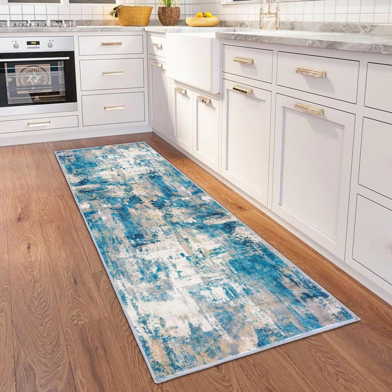 KOZYFLY Modern Abstract Runner 5x15cm Turquoise Beige Grey Yellow Runner Hallway Kitchen Rug Non-Slip Washable Carpet Runner Laundry Mat with Soft Low Pile for Entryway - Image 1