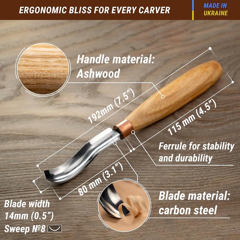 BeaverCraft , Wood Carving Bent Gouge K8a/14 0.55" - Spoon Carving Tools - Woodworking Hand Chisel Compact Wood Carving Knife for Beginners and Profi - Hobbies for Adults and Kids - Carbon Steel Blade - Image 2