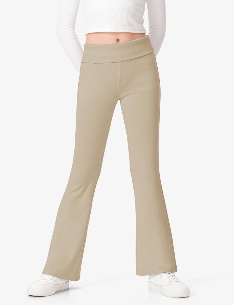 BOOPH Girls Leggings Kids Flare Leggings Fold Over Waistband Casual Bell Bottom Pants for Teens Khaki 13-14 Y - Image 2