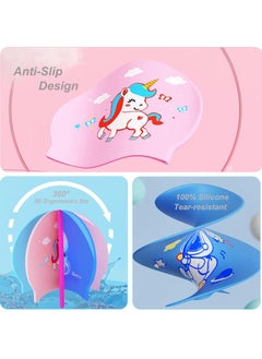 Generic Kids Swimming Cap with Swim Goggles Silicone Cartoon Girls Swim Cap Boys Bathing Caps for Kids Waterproof Tear-resistance Durable for Children Long and Short Hair Age 3-15 (Blue Dinosaur)  - Image 4