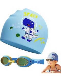 Generic Kids Swimming Cap with Swim Goggles Silicone Cartoon Girls Swim Cap Boys Bathing Caps for Kids Waterproof Tear-resistance Durable for Children Long and Short Hair Age 3-15 (Blue Dinosaur)  - Image 1