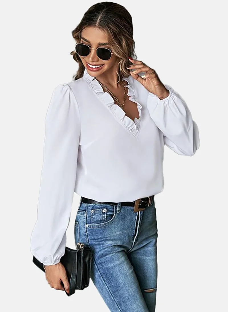 YUNIQEE White Solid Relaxed Long Sleeve Top