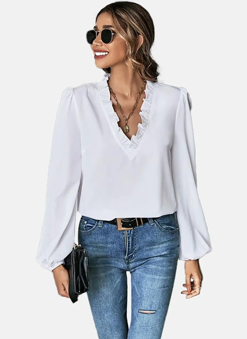 YUNIQEE White Solid Relaxed Long Sleeve Top