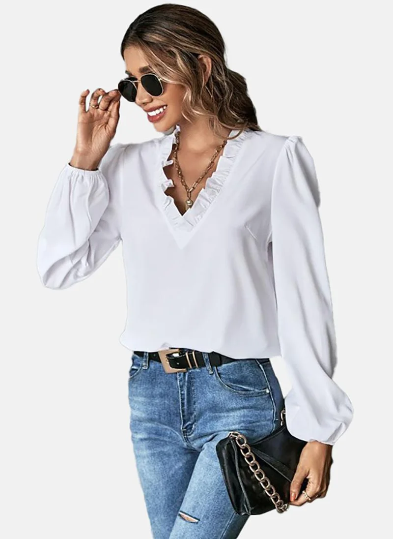 YUNIQEE White Solid Relaxed Long Sleeve Top
