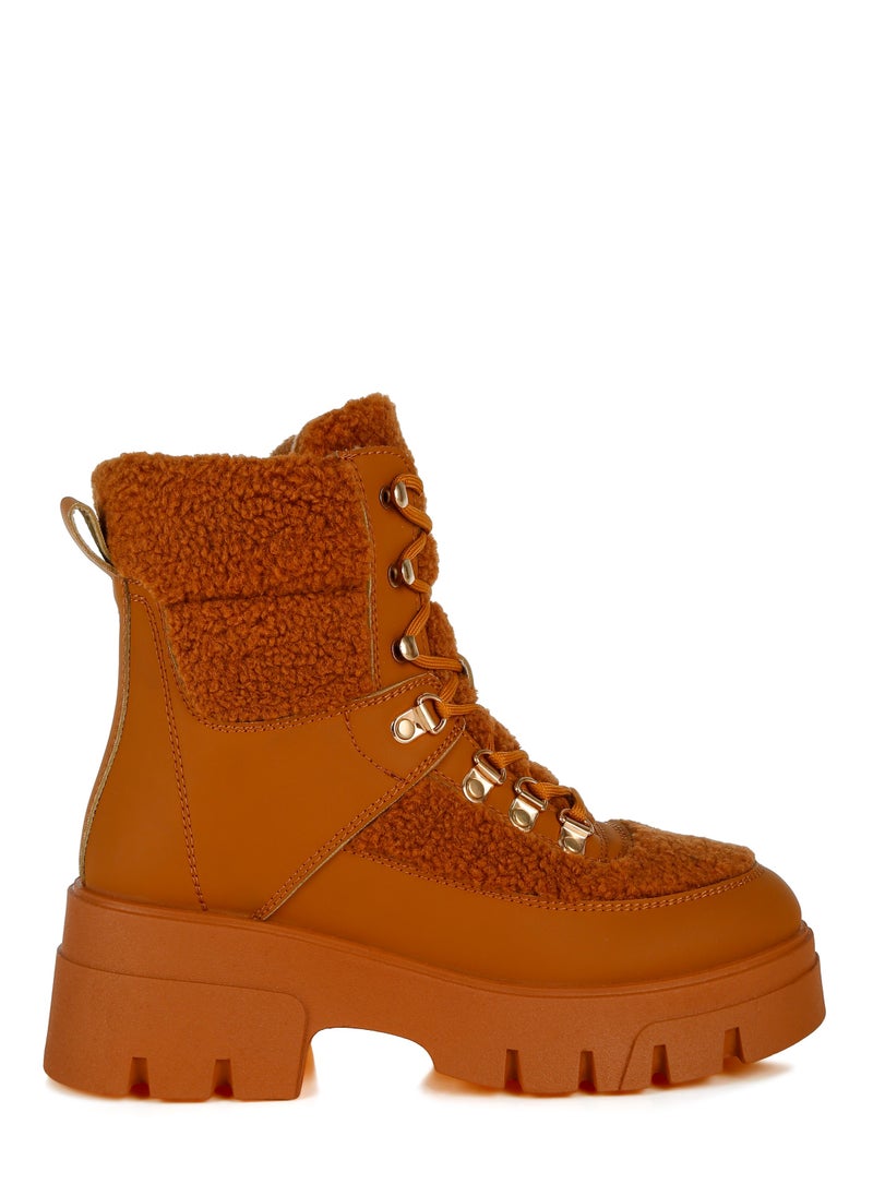 London Rag Tan Faux Fur Detail Chunky Hiker Boots  - Image 1