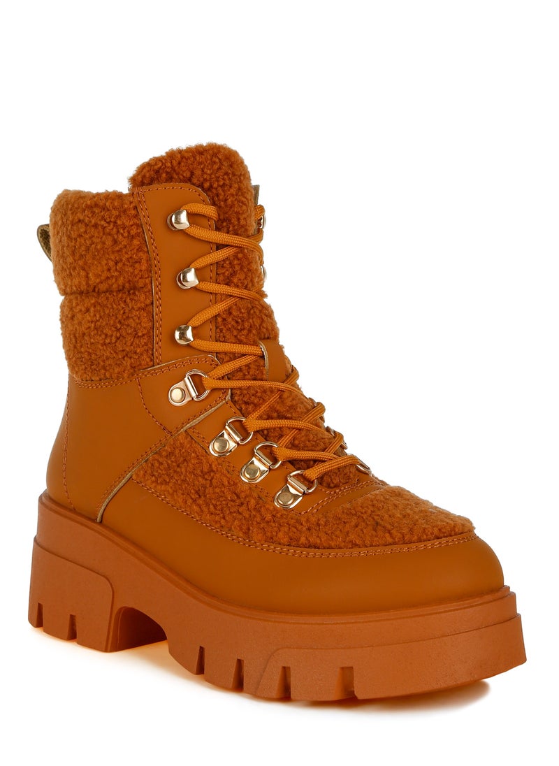London Rag Tan Faux Fur Detail Chunky Hiker Boots  - Image 2