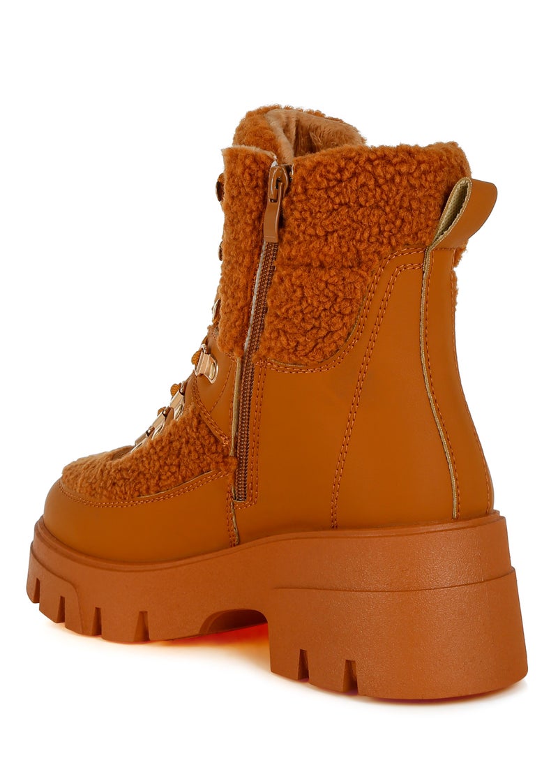 London Rag Tan Faux Fur Detail Chunky Hiker Boots  - Image 3