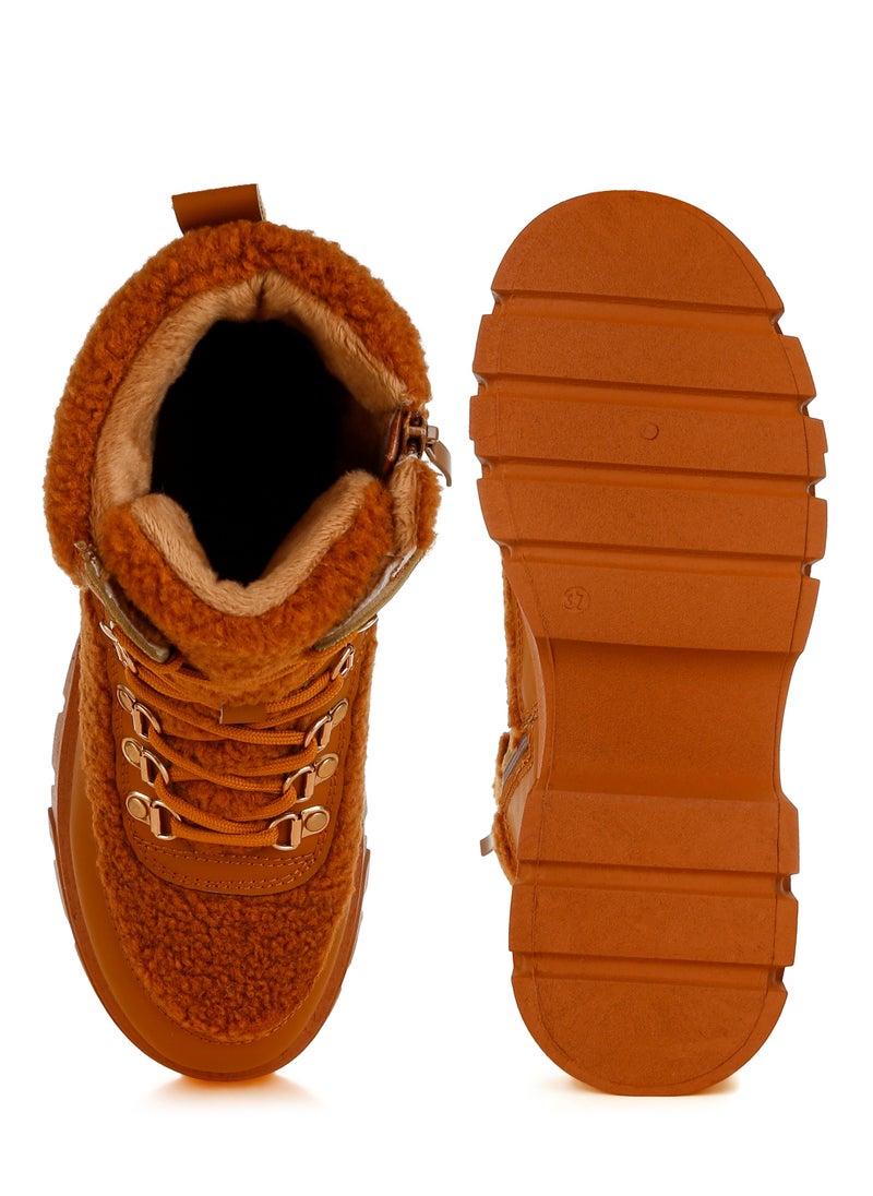 London Rag Tan Faux Fur Detail Chunky Hiker Boots  - Image 4