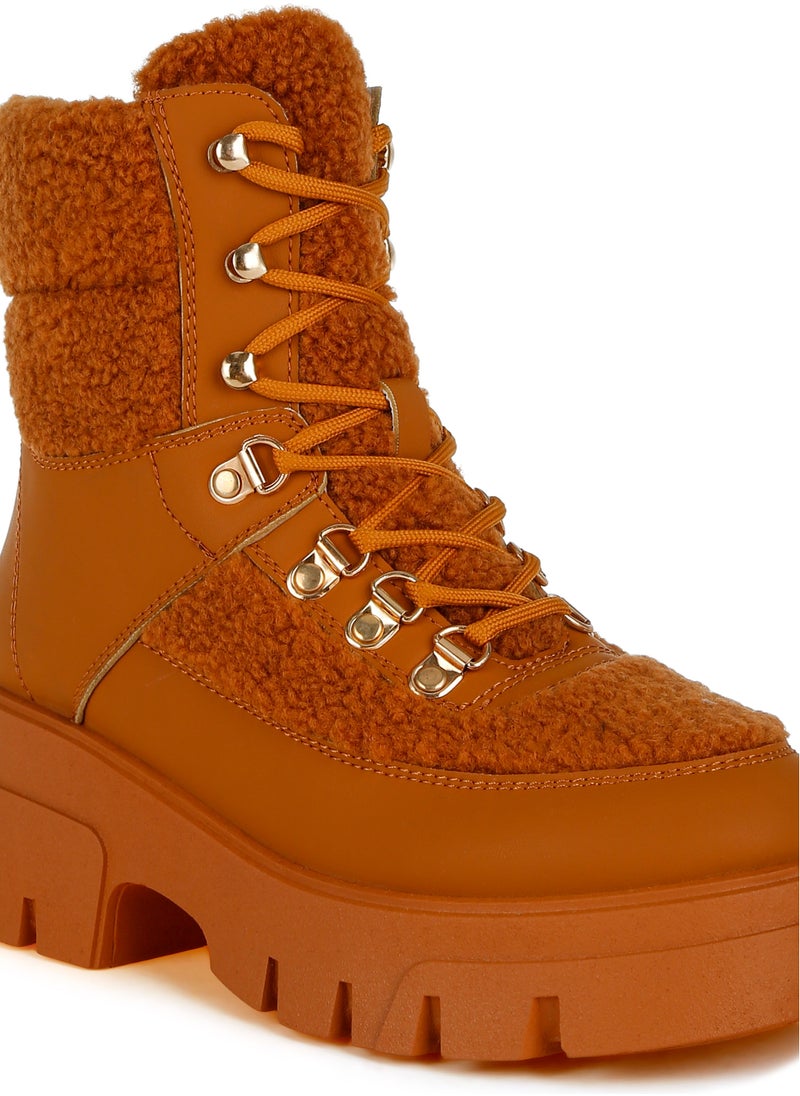 London Rag Tan Faux Fur Detail Chunky Hiker Boots  - Image 5