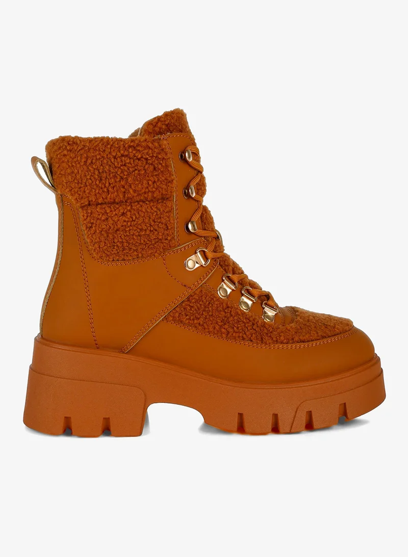 Tan Faux Fur Detail Chunky Hiker Boots