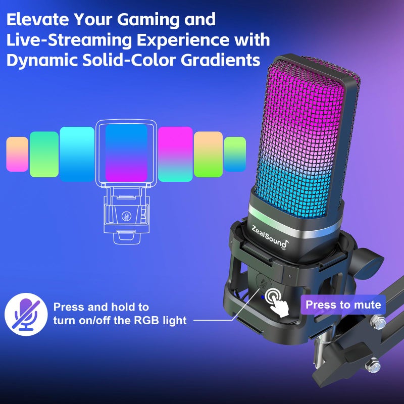 ZealSound Gaming USB Microphone,Noise Cancellation Condenser mic,RGB Microphone with Mute,Gain,Monitoring,Boom Arm,Pop Filter for Phone,PC,Computer,PS4,PS5,Mac,Streaming,Podcast,Twitch,YouTube,Discord - Image 3