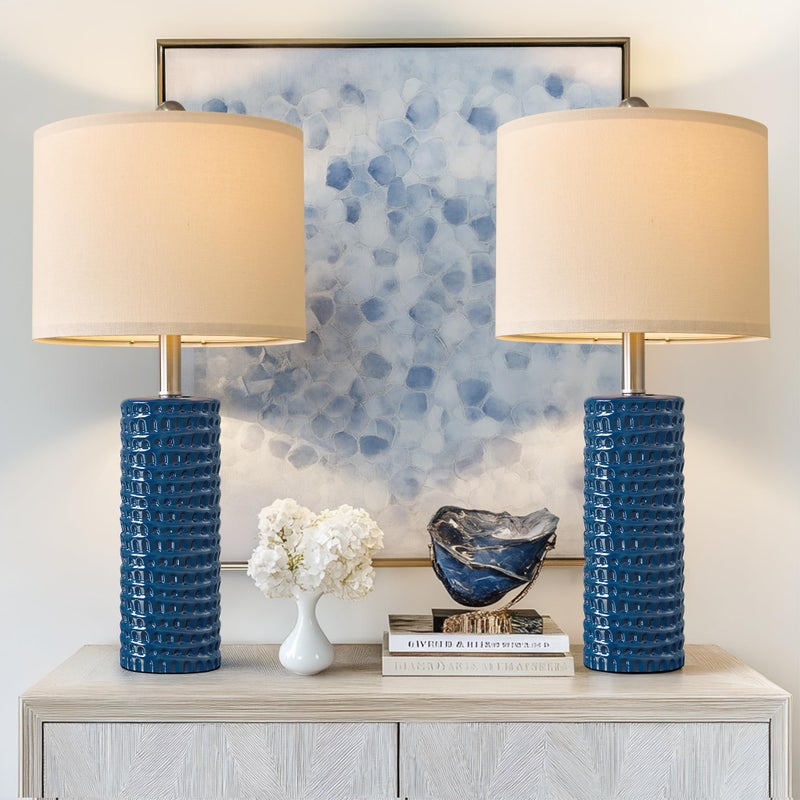 PORTRES 2475 Modern Accent Ceramic Table Lamp Set of 2 for Bedroom Desk Decor Bedside Lamps for Living Room Study Room Office Dorm Farmhouse Nightstand Lamp End Table Lamps Blue - Image 2