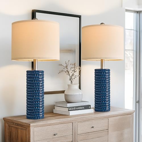 PORTRES 2475 Modern Accent Ceramic Table Lamp Set of 2 for Bedroom Desk Decor Bedside Lamps for Living Room Study Room Office Dorm Farmhouse Nightstand Lamp End Table Lamps Blue - Image 3