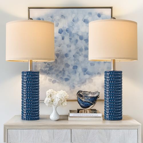PORTRES 2475 Modern Accent Ceramic Table Lamp Set of 2 for Bedroom Desk Decor Bedside Lamps for Living Room Study Room Office Dorm Farmhouse Nightstand Lamp End Table Lamps Blue - Image 1