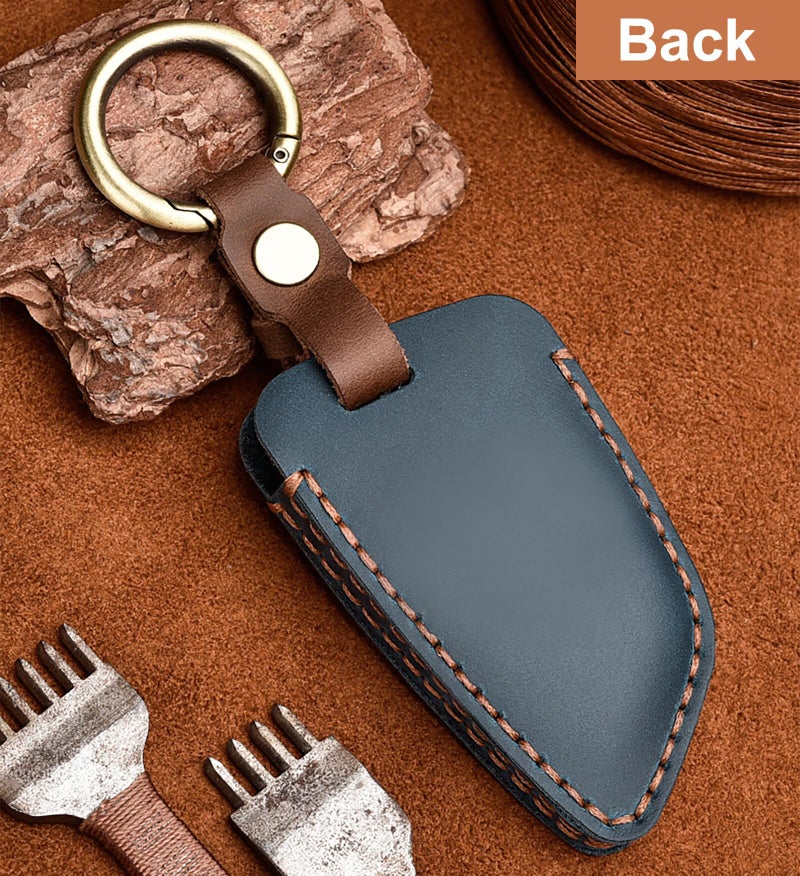 OLLEN Genuine Leather No Screws Key Fob Cover Fit for BMW 5 6 7 Series X1 X2 X3 X5 X6 GT Series etc, Blade Shape, Teal Blue - Image 5