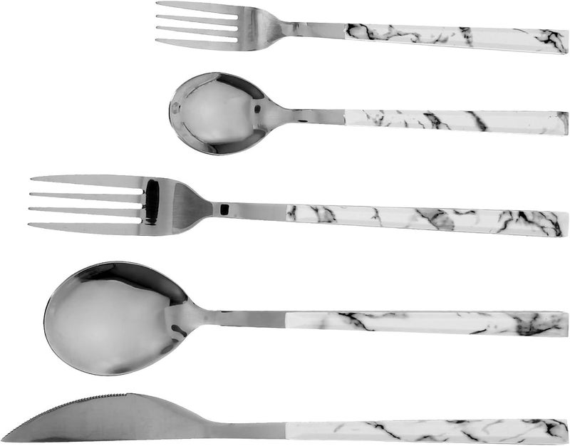 Marble Handle Stainless Steel Cutlery Set with Fork, Spoon, and Knife – Reusable Silverware Flatware Kit for Dining and Travel, 5pcs Portable Tableware Set - Image 1