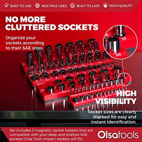 Olsa Tools Magnetic Socket Organizer 3Piece Drive SAE Socket Holder Set with Strong Magnets Professional Tool Holder and Organizer Stores up to 68 Sockets Red Part 1150 - Image 3