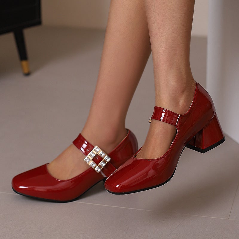 Wish Women'S Shoes With Round Head And Middle Heel In Spring 2024 40-48 Plus Size Buckle Lacquer Shallow Mouth Shoes - Image 3