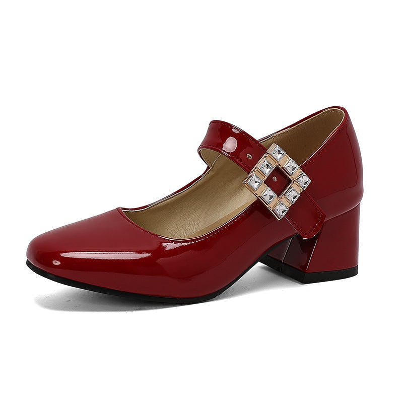 Wish Women'S Shoes With Round Head And Middle Heel In Spring 2024 40-48 Plus Size Buckle Lacquer Shallow Mouth Shoes - Image 1