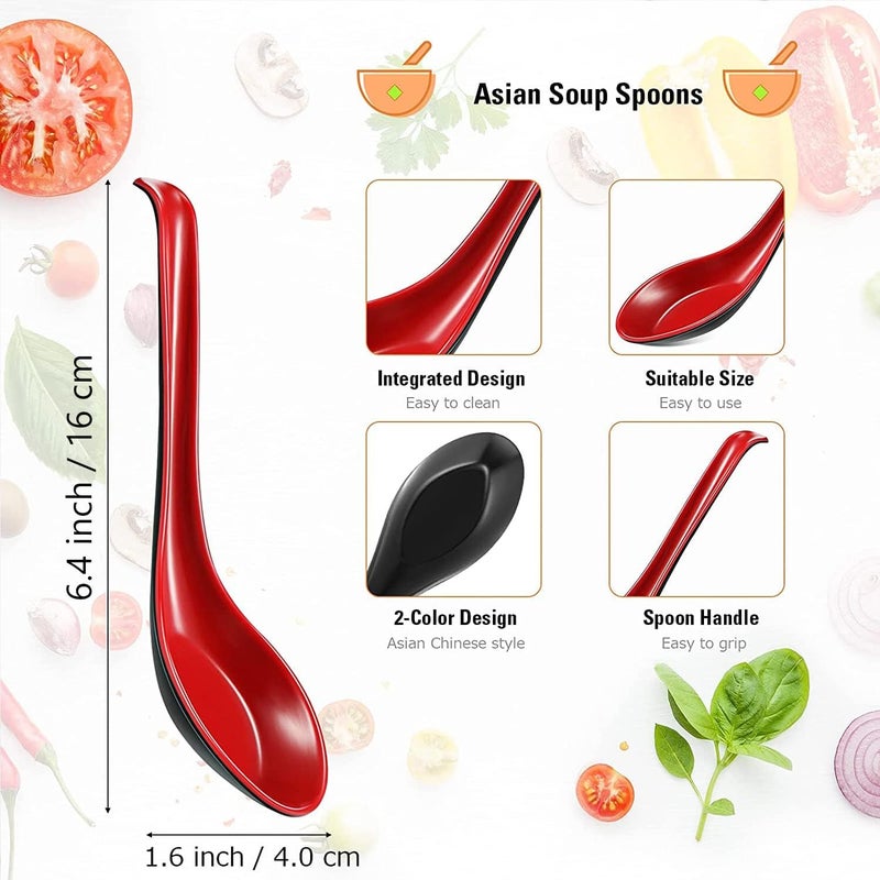 Comicfs Asian Soup Spoons 12 pieces, Large Japanese Soup Spoons, Soba Rice Pho Ramen Noodle Soup Spoon, Chinese Won Ton Soup Spoon, Hook Style (Red and Black) - Image 2