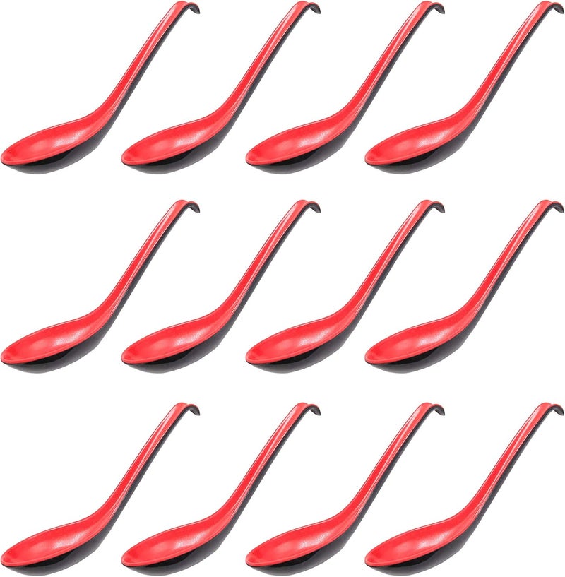 Comicfs Asian Soup Spoons 12 pieces, Large Japanese Soup Spoons, Soba Rice Pho Ramen Noodle Soup Spoon, Chinese Won Ton Soup Spoon, Hook Style (Red and Black) - Image 1