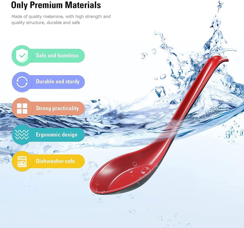 Comicfs Asian Soup Spoons 12 pieces, Large Japanese Soup Spoons, Soba Rice Pho Ramen Noodle Soup Spoon, Chinese Won Ton Soup Spoon, Hook Style (Red and Black) - Image 3
