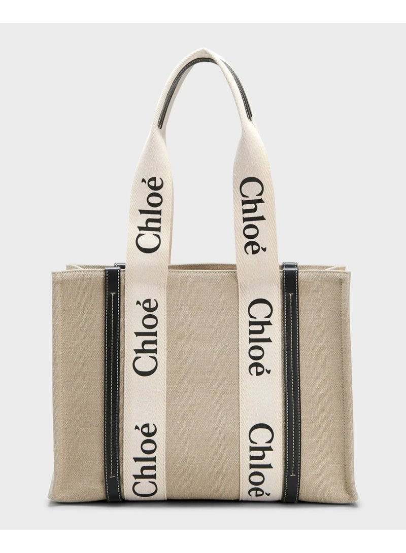 Chloé Women’s Canvas Tote Bag 37cm, Large Capacity Shoulder Handbag With Wide Logo Strap, Beige/Black - Image 1