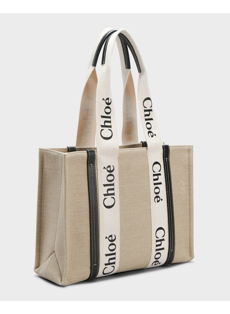 Chloé Women’s Canvas Tote Bag 37cm, Large Capacity Shoulder Handbag With Wide Logo Strap, Beige/Black - Image 5