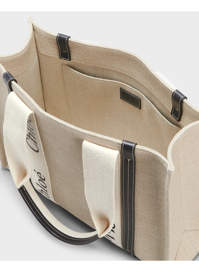 Chloé Women’s Canvas Tote Bag 37cm, Large Capacity Shoulder Handbag With Wide Logo Strap, Beige/Black - Image 4