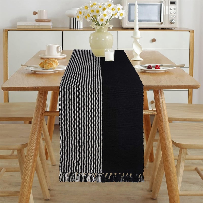 STONEMUNK Cotton Table Runner 13'' x 72'' Eco-Friendly Hand-Made Cotton Runner for Parties, Dining Table, Wedding, Boho Runner - (Black - Half Patta) - Image 1