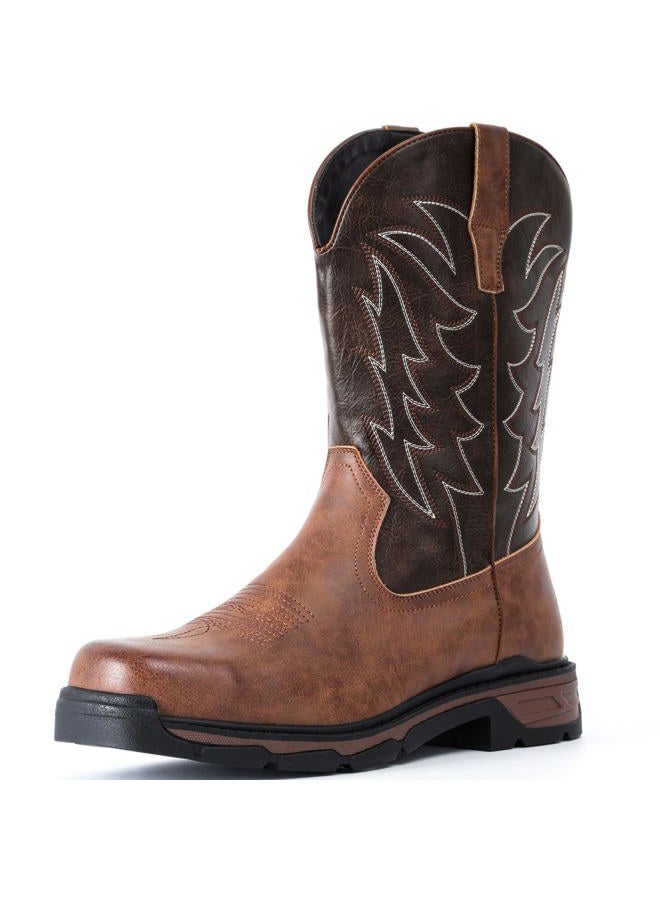 ANGRYRAM Cowboy Work Boots for Men Square Toe Leather Western Boot Waterproof Slip Resistant Indestructable Steel Toe Safety Boots for Men, Dark Brown, 13 - Image 1