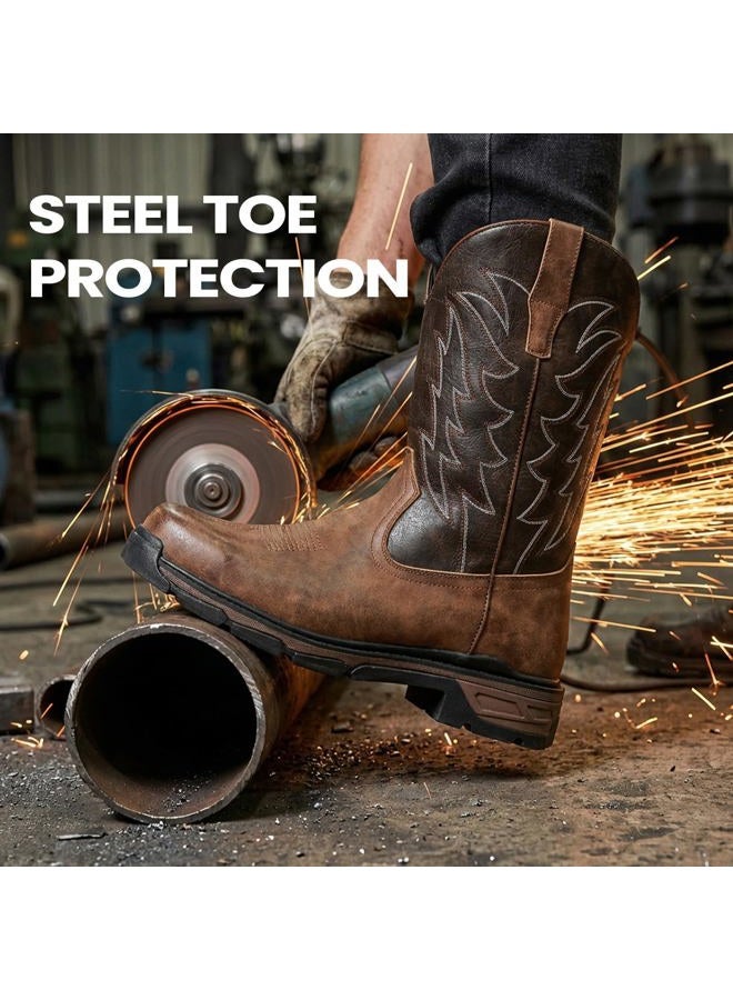 ANGRYRAM Cowboy Work Boots for Men Square Toe Leather Western Boot Waterproof Slip Resistant Indestructable Steel Toe Safety Boots for Men, Dark Brown, 13 - Image 4