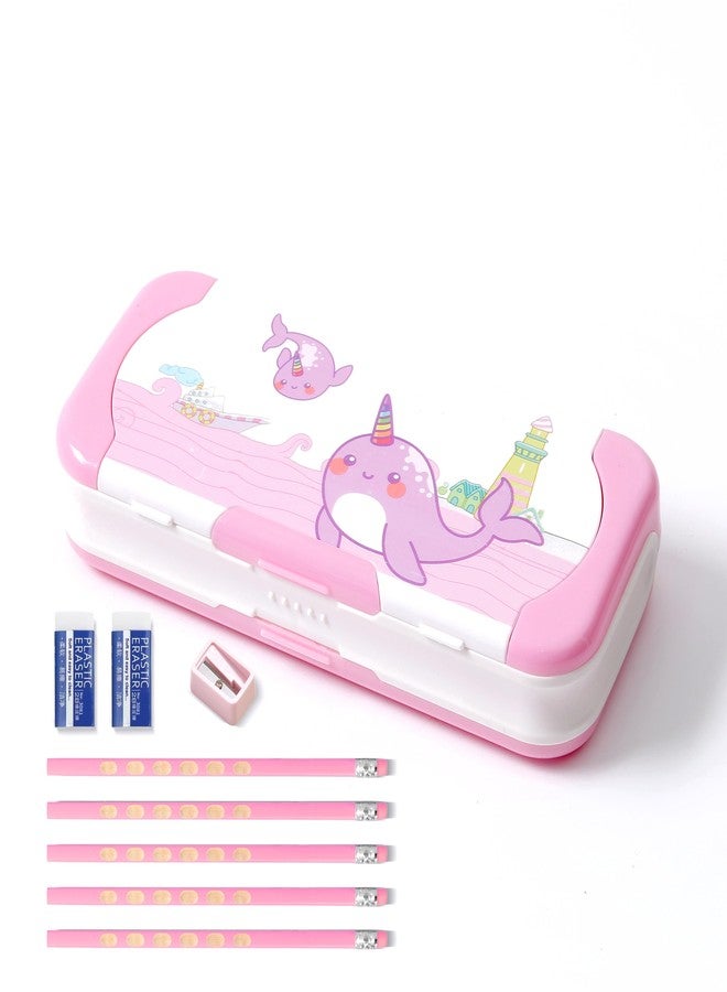 Ristpal Multifunction Pencil Case with Supplies for Kids, Pencil Holder for Students, Cute Pencil box for Girls and Boys with Pencil, Erasers, Sharpener, Back to School Supplies (Pink Dolphin) - Image 1