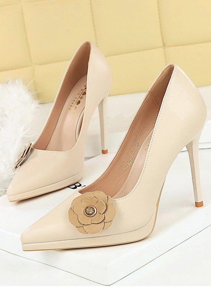 BIGTREE Women's Floral Decoration Party Stiletto Pumps Pointed Closed Toe High Heels Cream White 11CM - Image 1