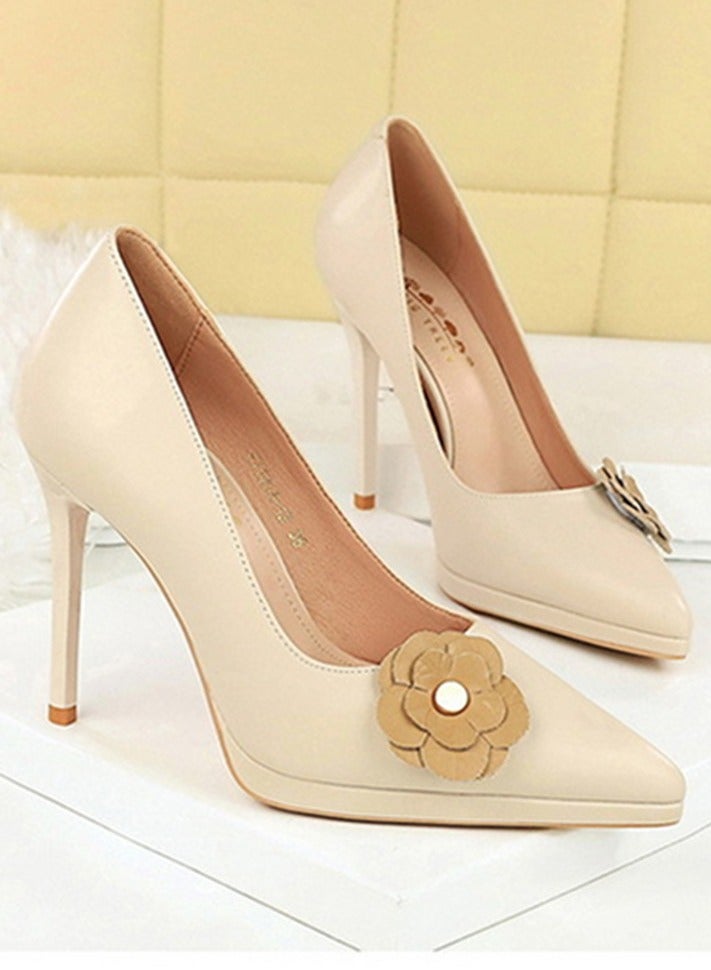 BIGTREE Women's Floral Decoration Party Stiletto Pumps Pointed Closed Toe High Heels Cream White 11CM - Image 2