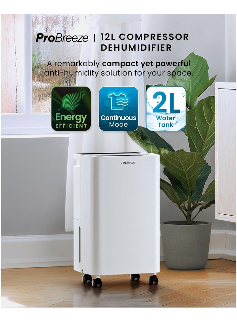 برو_بريز مزيل الرطوبة بضاغط سعة 12 لترًا مع خزان مياه سعة 2 لتر، وتجفيف الملابس ومستشعر رطوبة تلقائي - مزيل العفن المحمول مع مؤقت لمدة 24 ساعة للرطوبة والعفن الأسود والتكثيف - Image 2