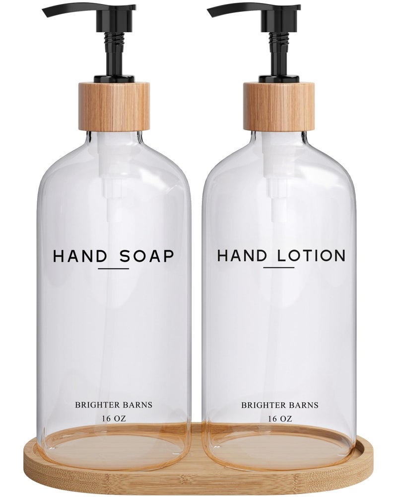 Clear Glass Soap and Lotion Dispenser Set with Tray by Brighter Barns Hand Soap Dispenser Bathroom Set Liquid Soap Dispenser and BPAFree Pump Neutral Home Decor Modern Bathroom Accessories