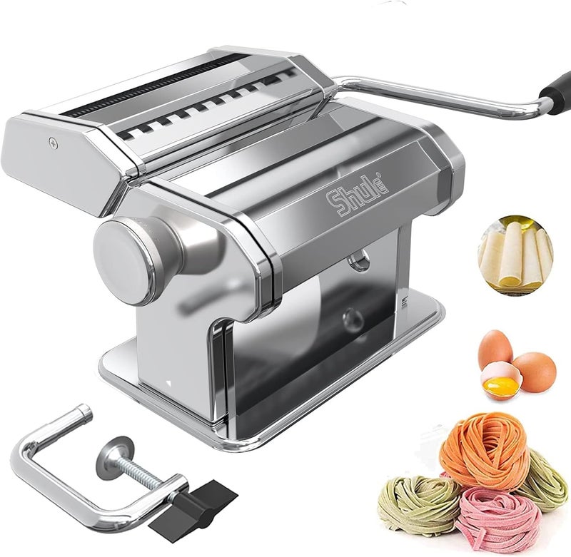 Shule Pasta Maker Machine Stainless Steel Manual Noodle Makers Include Pasta Roller, Cutter, Hand Crank and 7 Adjustable Thickness Setting - Image 1