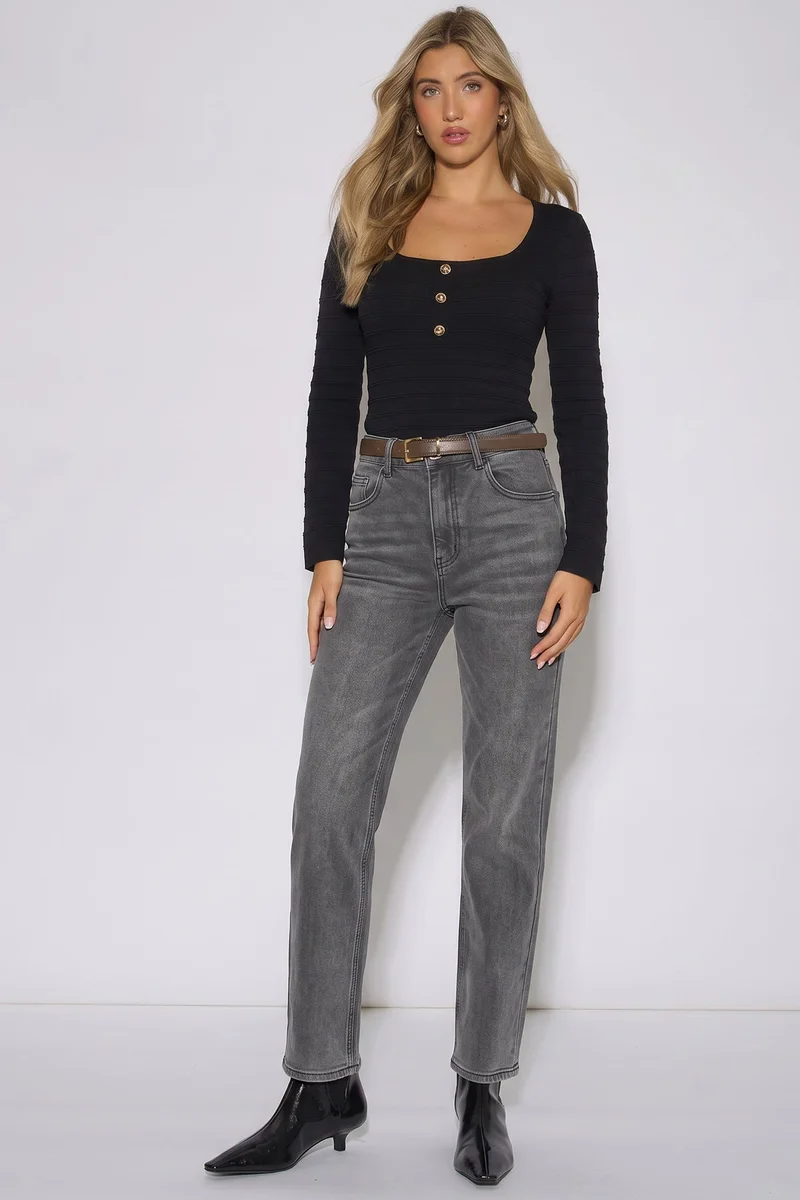Grey Mid Rise Straight Leg Jeans