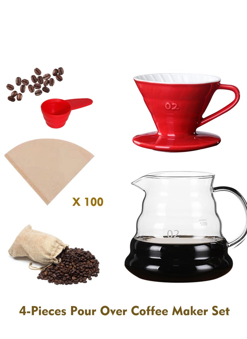 Old_Feller V60 Coffee Machine Drip Brew Set Contains 4-Pieces Pour Over Coffee Drip Coffee  Ceramic Filter Red  - Image 1