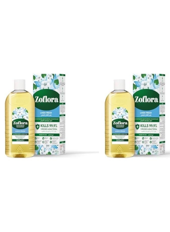 Zoflora-Multi-purpose Concentrated Disinfectant All Surface Cleaner-Floor Cleaner-Effective against bacteria & Viruses-Long Lasting Linen Fresh Fragrance-Eliminates Odour-All Day Fresh-500ml 2 packs - Image 1