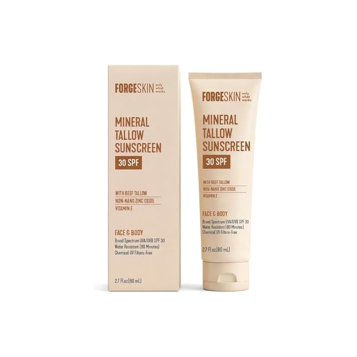 Forge Skin Mineral Tallow Sunscreen SPF 30 - Non-Nano Zinc Oxide, No White Cast, Grass-Fed Beef Tallow Base, Water Resistant 80 Min, For Men 35+ Daily Face and Body, Pairs With Tallow Balm, 2.7 oz