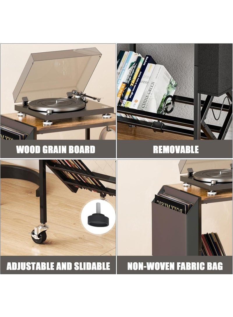 Vinyl Record Player Stand - Record Player Table with Storage Hold 80 Albums Turntable Stand with Organizer Pocket and Wheels - Image 3