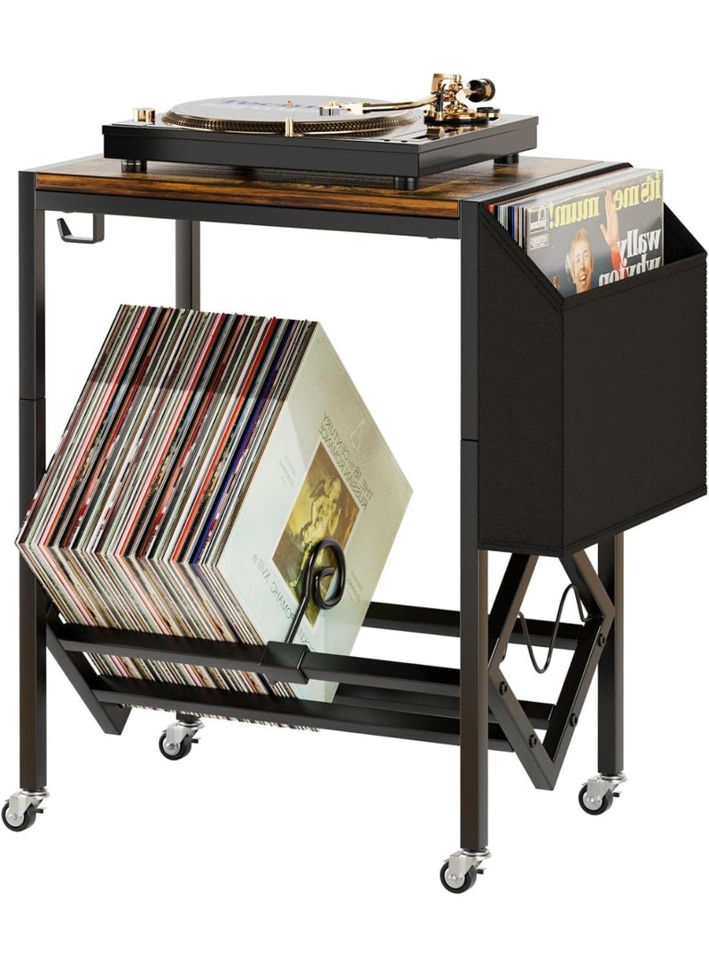 Vinyl Record Player Stand - Record Player Table with Storage Hold 80 Albums Turntable Stand with Organizer Pocket and Wheels - Image 1