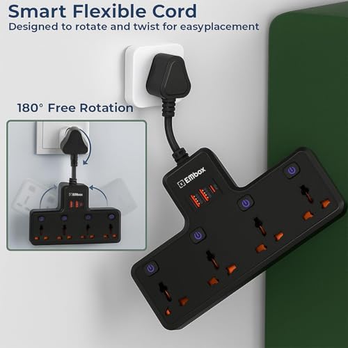 Embox Multi Plug Socket 20W Type-C PD Charging| Individual Switch-Cordless Extension Board with USB Port (QC3.0) |Fast Charging Multi Socket Plug Point, Black - Image 2