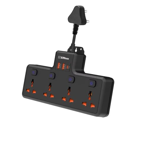 Embox Multi Plug Socket 20W Type-C PD Charging| Individual Switch-Cordless Extension Board with USB Port (QC3.0) |Fast Charging Multi Socket Plug Point, Black - Image 1
