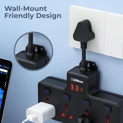 Embox Multi Plug Socket 20W Type-C PD Charging| Individual Switch-Cordless Extension Board with USB Port (QC3.0) |Fast Charging Multi Socket Plug Point, Black - Image 5