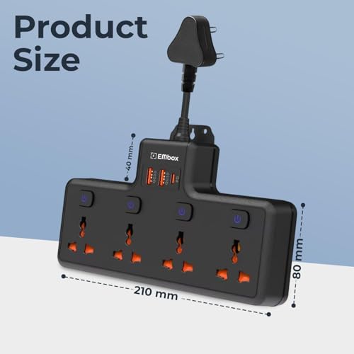 Embox Multi Plug Socket 20W Type-C PD Charging| Individual Switch-Cordless Extension Board with USB Port (QC3.0) |Fast Charging Multi Socket Plug Point, Black - Image 3
