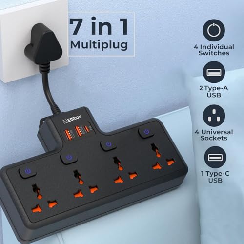 Embox Multi Plug Socket 20W Type-C PD Charging| Individual Switch-Cordless Extension Board with USB Port (QC3.0) |Fast Charging Multi Socket Plug Point, Black - Image 4